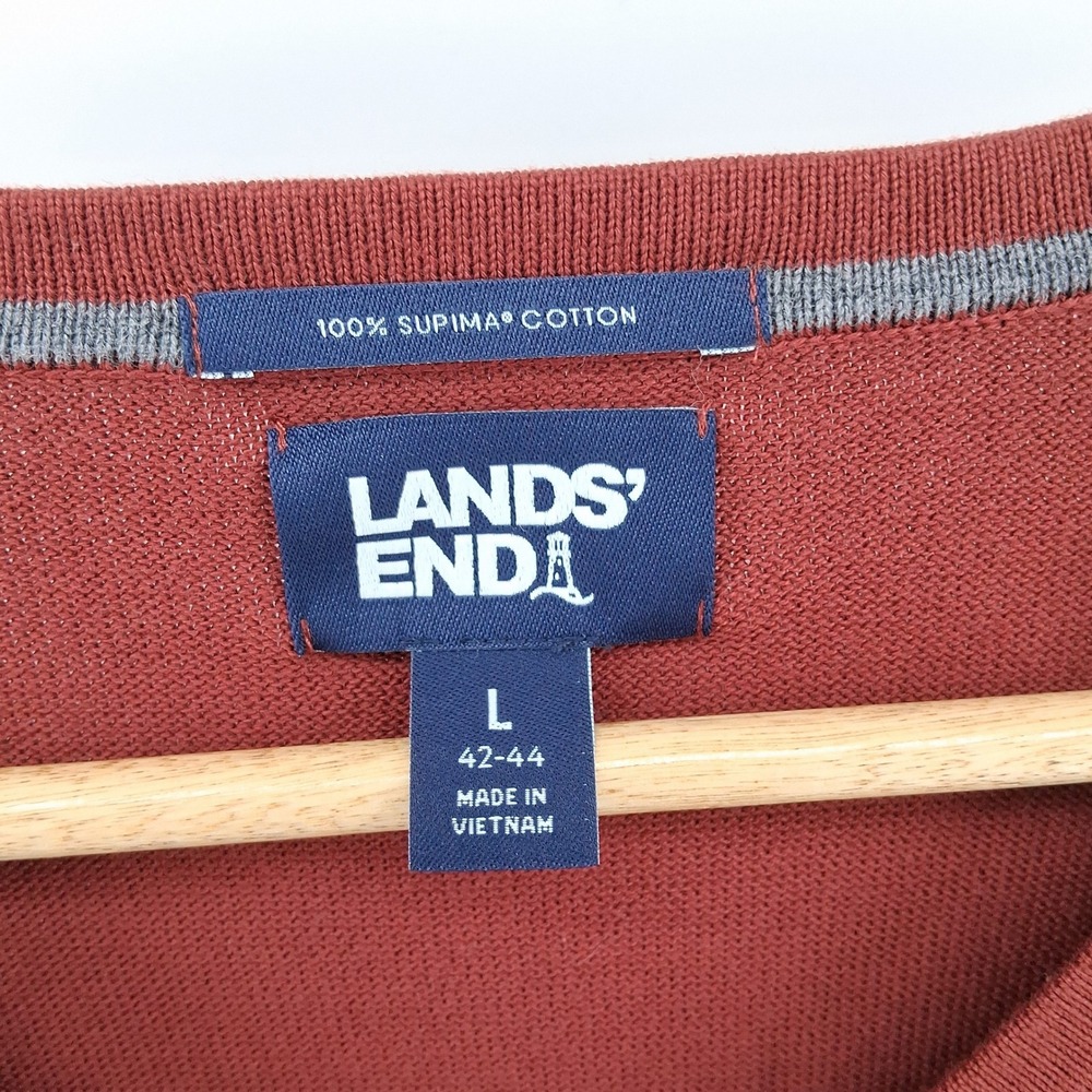 Lands' End Mens V Neck Sweater Cotton Blend Casual Burgundy Large Preppy Fall - Picture 4 of 9